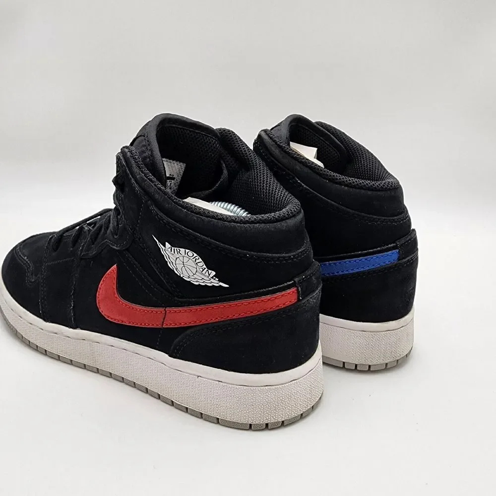 Nike Air Jordan 1‎ Mid, Suede, Black, Size 5Y Red and Blue Swoosh Boys Youth